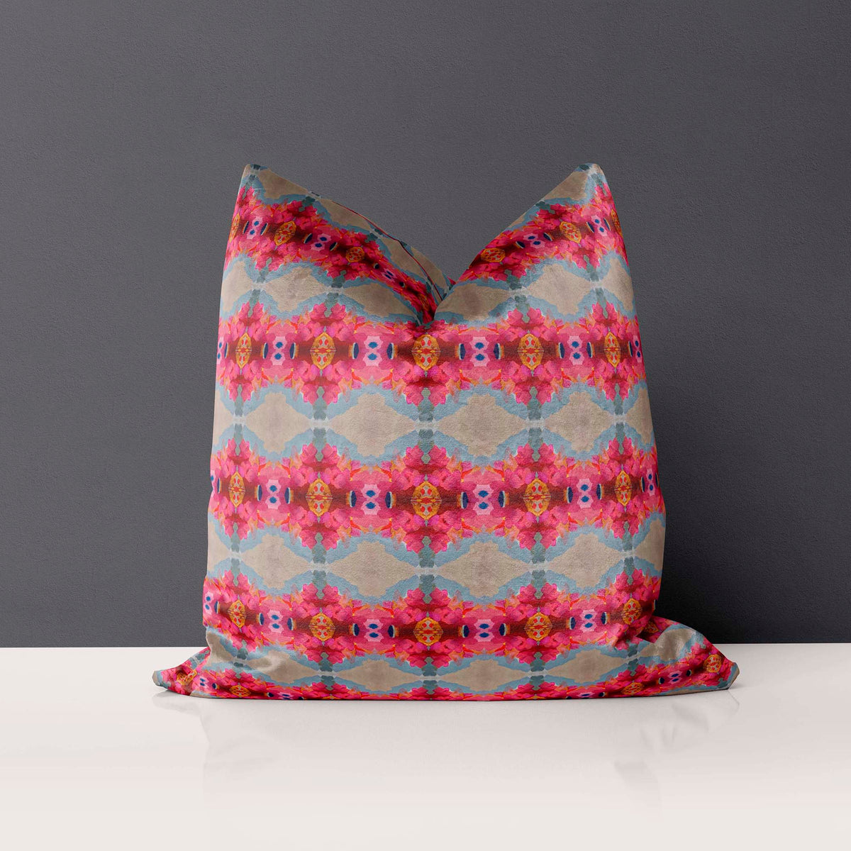 22"x22" Velveteen Pillow - Queensberry Mini Design - Color: Ruby/Taupe