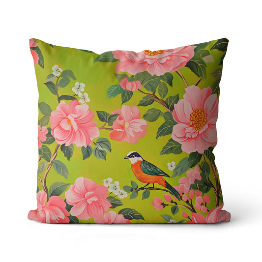 22x22" Cotton/Linen Pillow - Chartreuse Bird Design